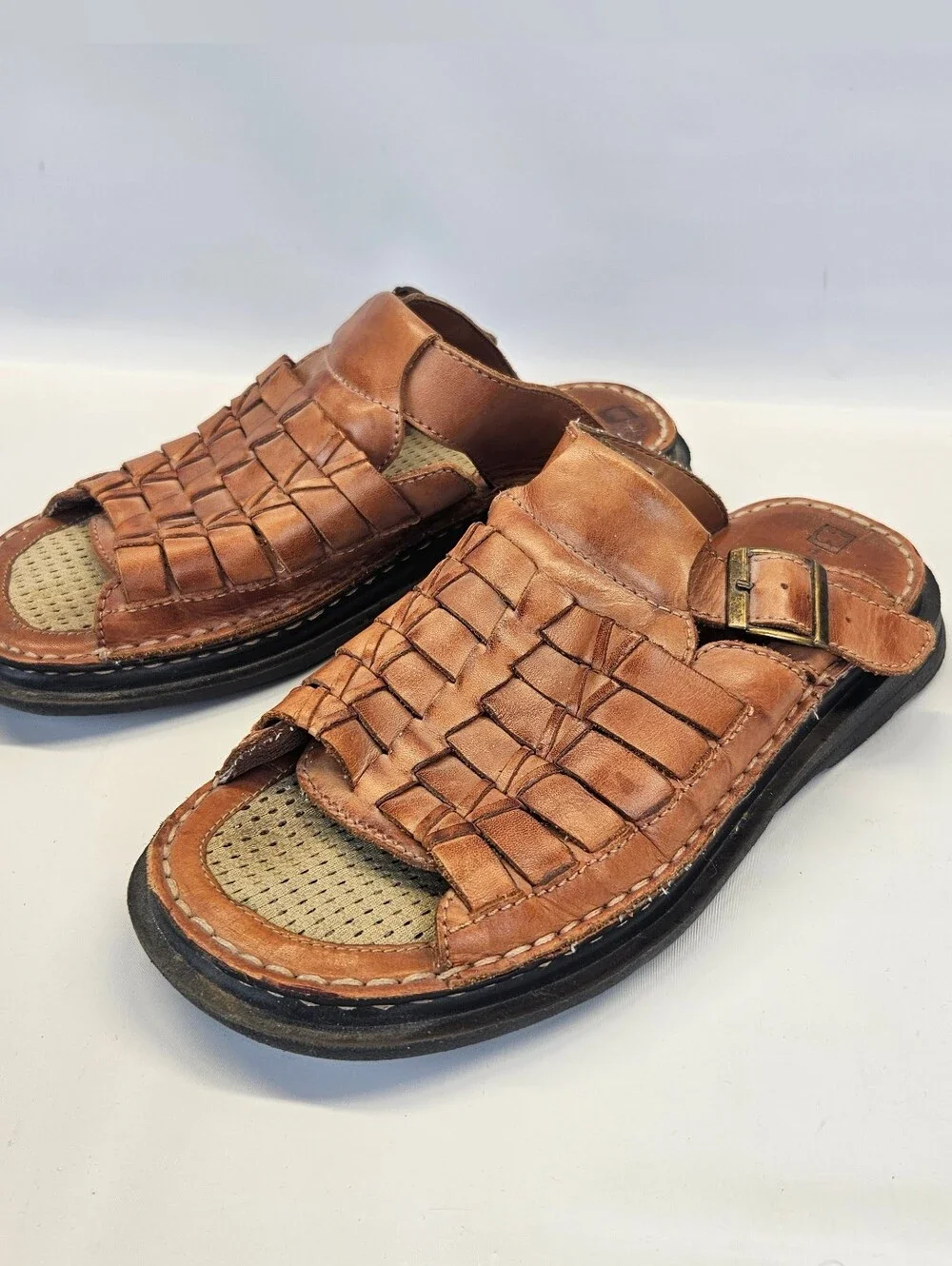 Vintage Y2k Brown Leather Chunky Sandals Basket Weave Mens 9 Slip On Slide